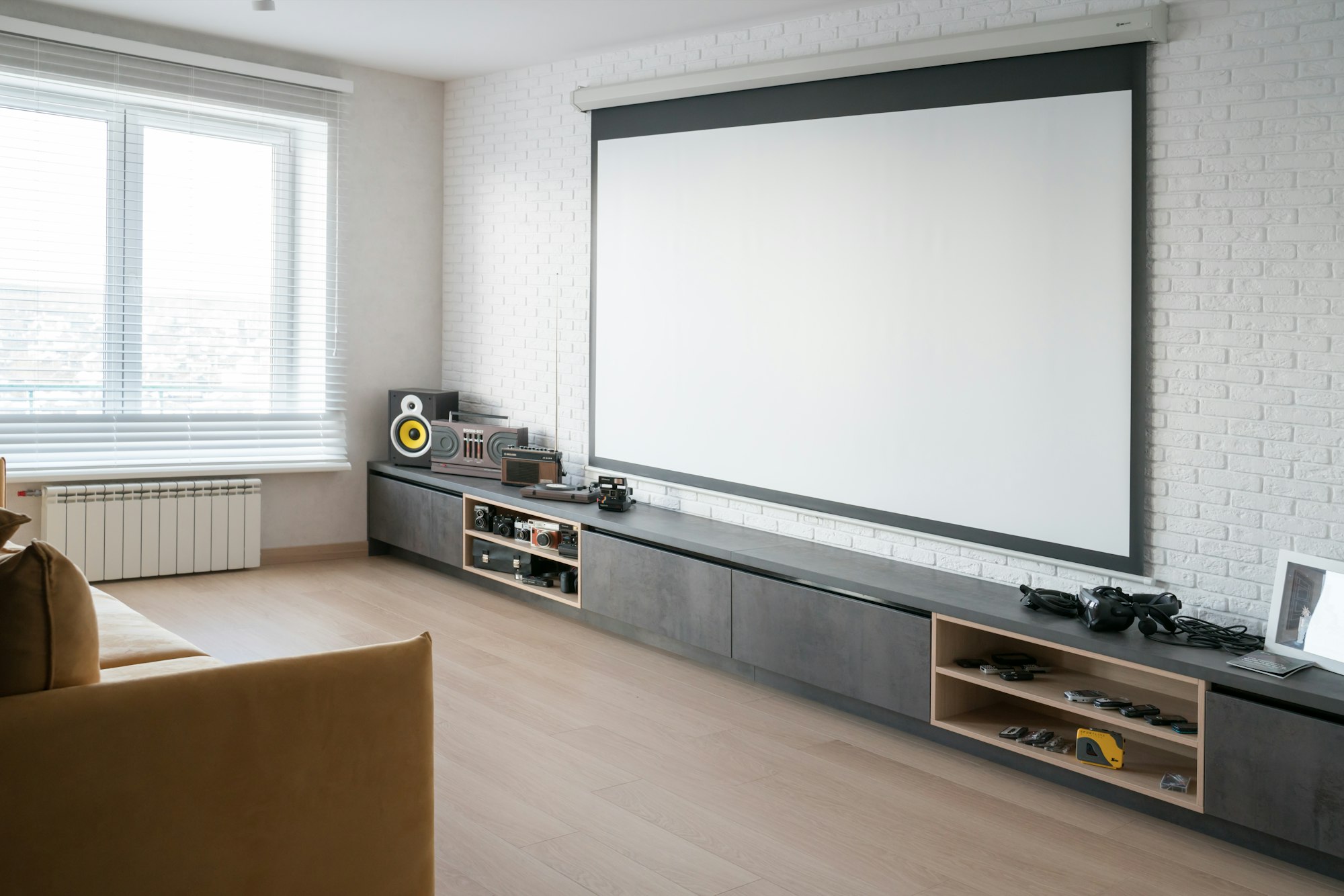 home theater system in living room with minimalist modern interior without people